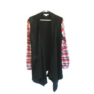 Womens MIxed Media Cardigan Medium Long Black Bodice Plaid Sleeves ANM